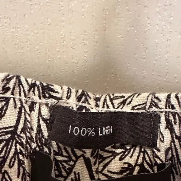Tahari 100% Linen Wide Leg Black and White Floral Pants (Elastic Waist) Size Lar